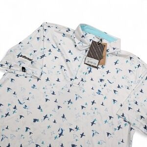 Swannies Corbin Bird Print Polo Shirt Mens Medium Aqua White Drilformance Logo